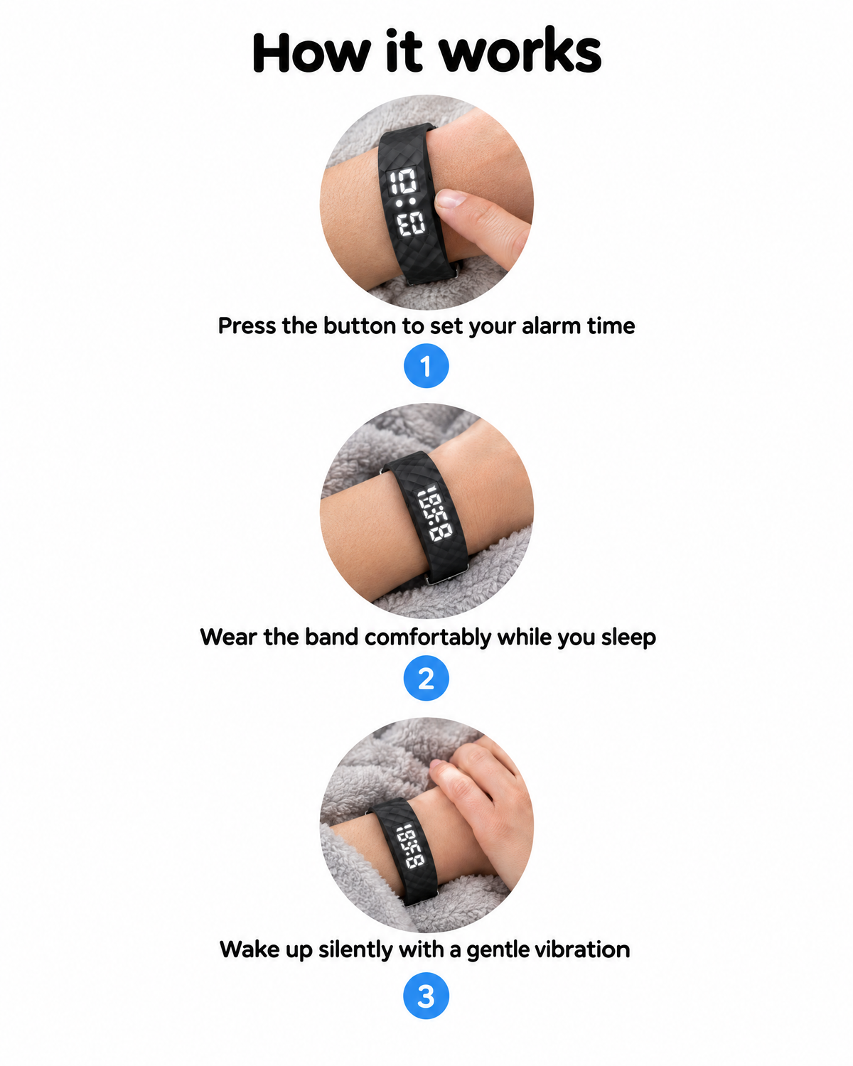 How Hush Wake Wristband works - press the button to set your alarm, wear it comfortably while you sleep, wake up silently with a gentle vibration