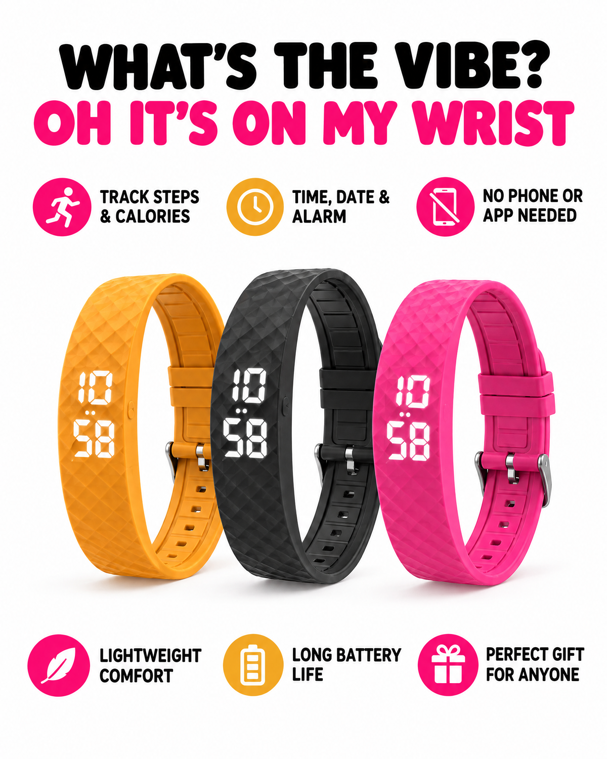 Hush Wake Wristband feature benefits - track steps and calories, time date and alarm, no phone or app needed, lightweight comfort, long battery life