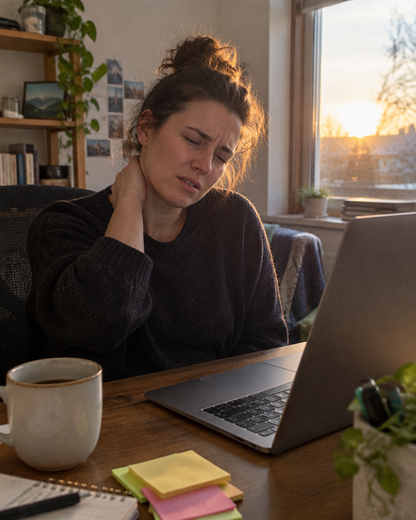 Tired woman at her laptop rubbing her stiff neck at the end of the workday