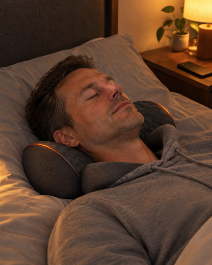 Man unwinding in bed after work on the heated Unwynd neck pillow