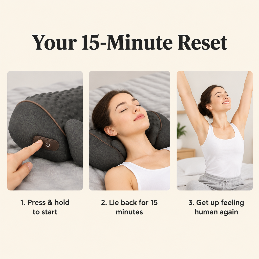 Your 15-Minute Reset: press and hold to start, lie back for 15 minutes, get up feeling human again
