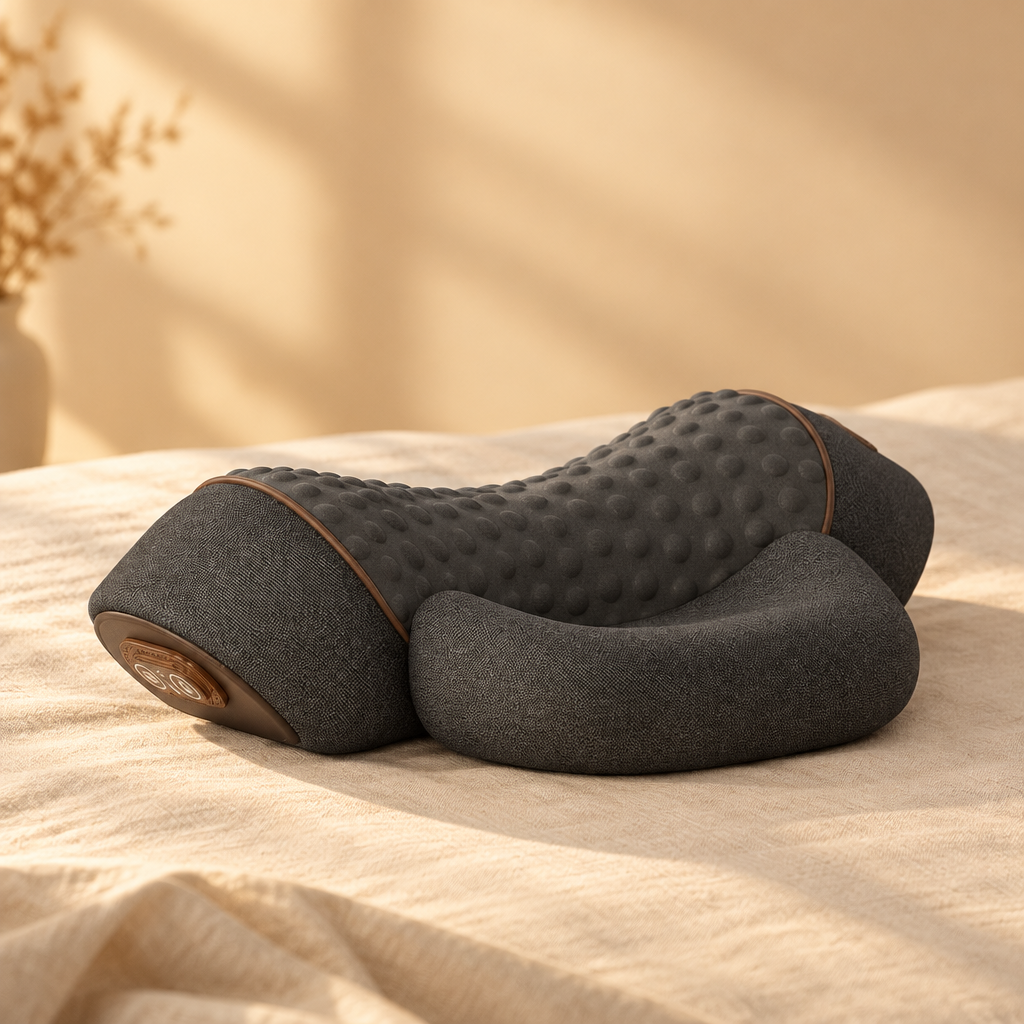 Unwynd Neck Reset Pillow in charcoal grey on a cream linen bed in warm light