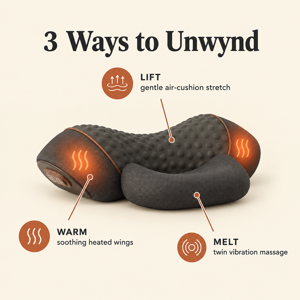 3 Ways to Unwynd: Lift with a gentle air-cushion stretch, Warm with soothing heated wings, Melt with twin vibration massage