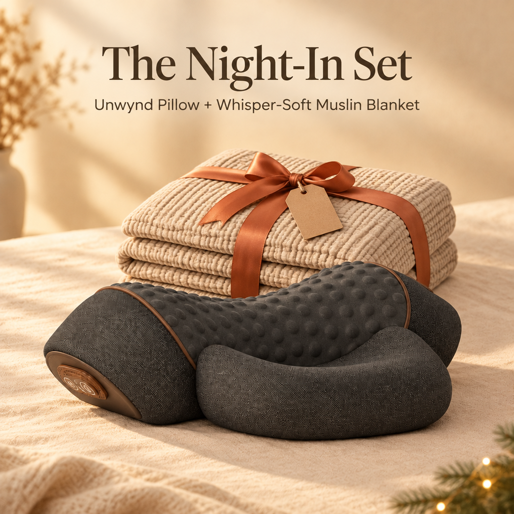 The Night-In Set: Unwynd Pillow plus Whisper-Soft Muslin Blanket tied with a ribbon