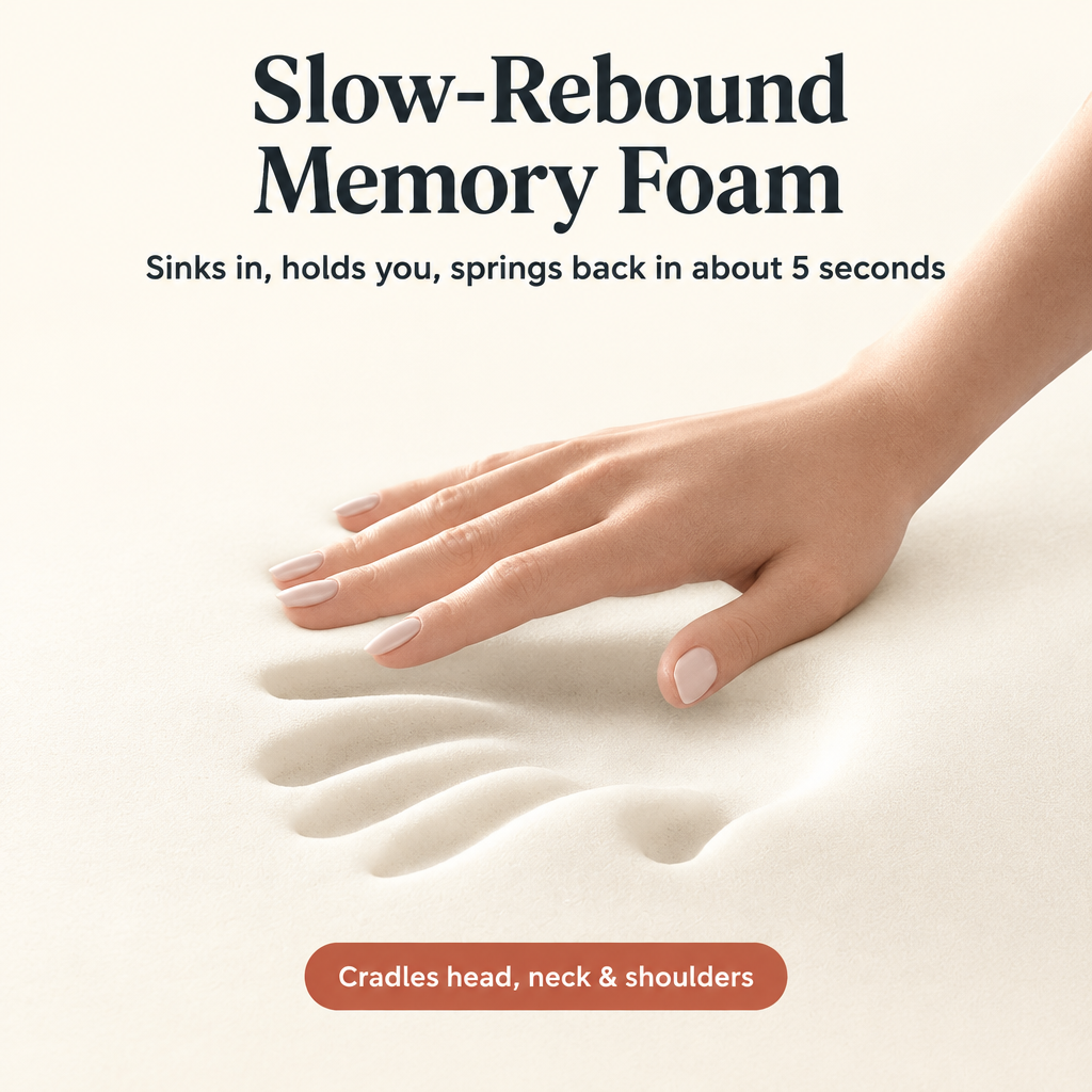 Slow-rebound memory foam that springs back in about 5 seconds and cradles head, neck and shoulders