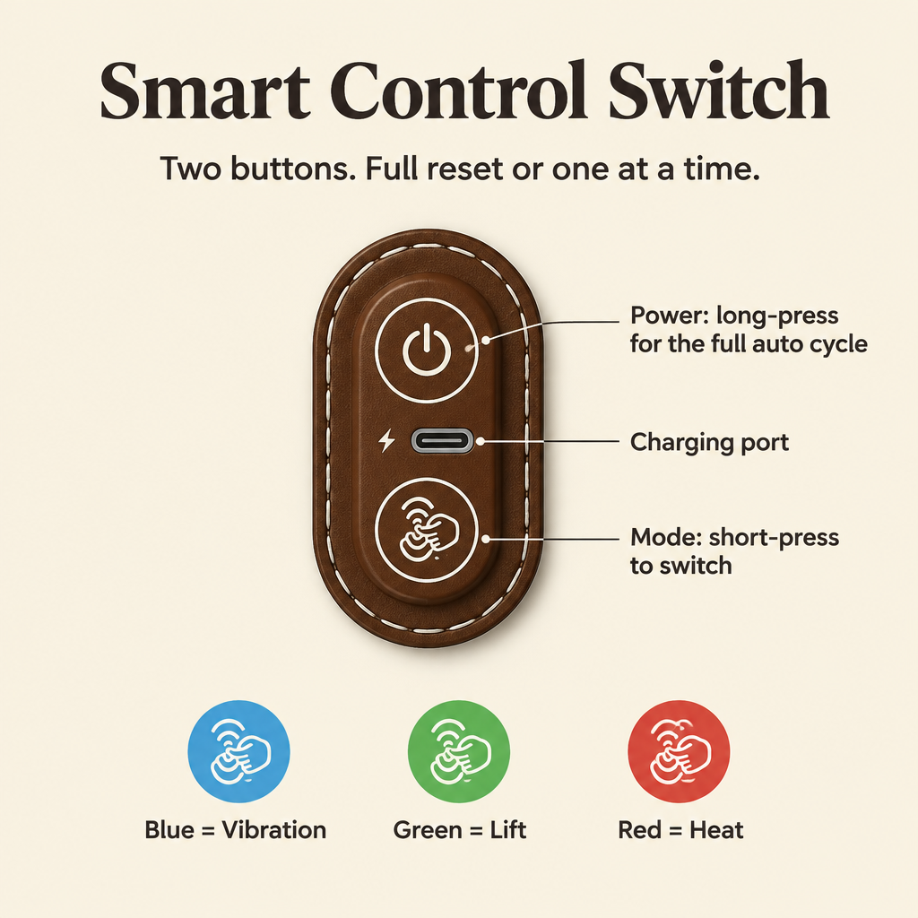Unwynd Smart Control Switch: power button for the full auto cycle, mode button to switch between blue vibration, green lift and red heat, charging port