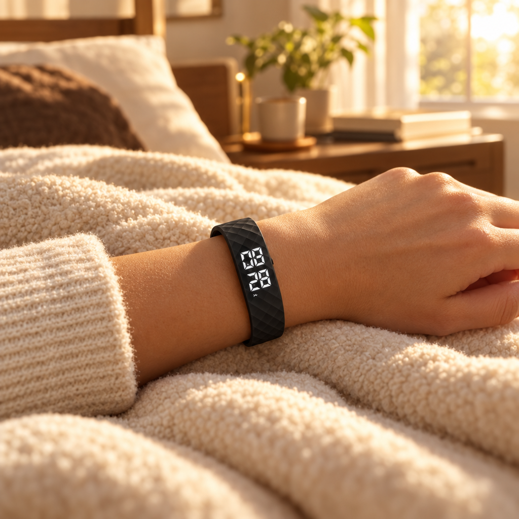 Hush Wake Wristband resting on a cream blanket in soft morning light